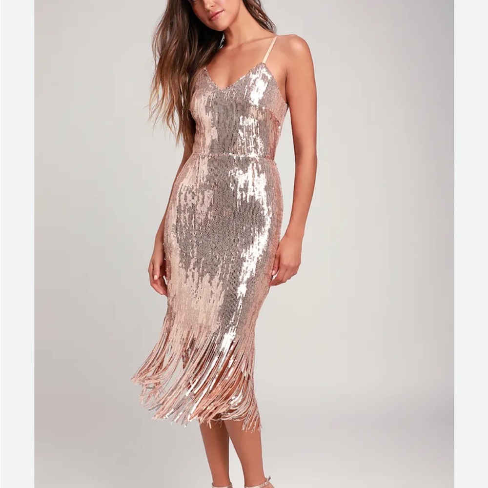 Anjou Rose Gold Sequin Fringe Midi Dress